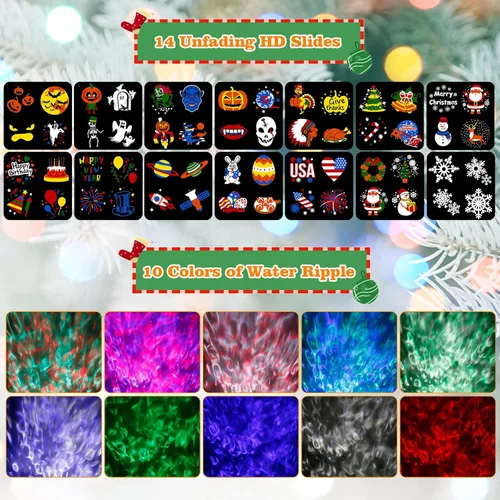Vista 2 de Proyector de Luces de Halloween y Navidad para Exteriores, 14 Diapositivas HD Más Brillantes (Onda Oceánica 3D + Patrones) Luces de Proyector