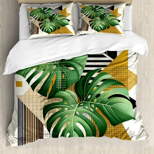 Vista 28 de Ambesonne Monstera - Juego de funda de edredón, estilo escandinavo bohemio, estampado triangular poligonal geométrico, juego de ropa de cama