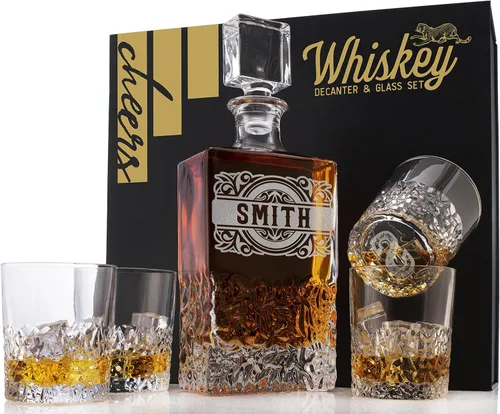 Vista 13 de Juego de decantadores de whisky personalizados de 5 piezas, decantador de licor personalizado de edición limitada, 27 onzas, 27.1 fl oz con 4 piezas