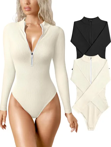OQQ Body de 2 piezas para mujer, sexy, acanalado, de una pieza, con cremallera frontal, manga larga