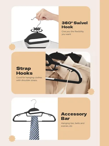 Vista 7 de HOUSE DAY Perchas de Plástico Negro Paquete de 30, Delgadas que Ahorran Espacio, Perchas Antideslizantes para Ropa con Almohadillas de Goma, Percha