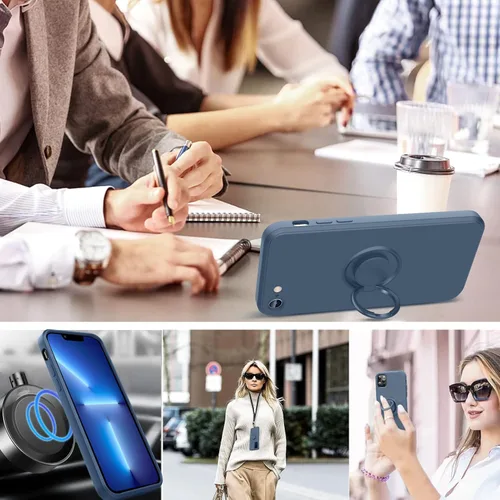 Vista 6 de Funda para Galaxy S22 Ultra, con soporte de anillo giratorio de 360° y cordón de correa de silicona líquida delgada a prueba de golpes para Galaxy
