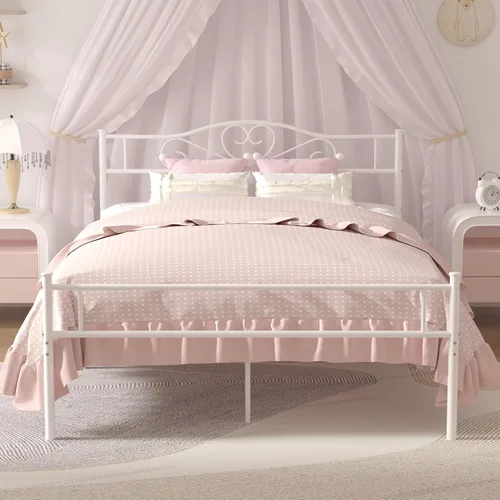 Vista 9 de VECELO Base de cama de plataforma metálica de tamaño completo de 14 pulgadas con cabecero y piecero, base de colchón resistente con soporte de Blanco