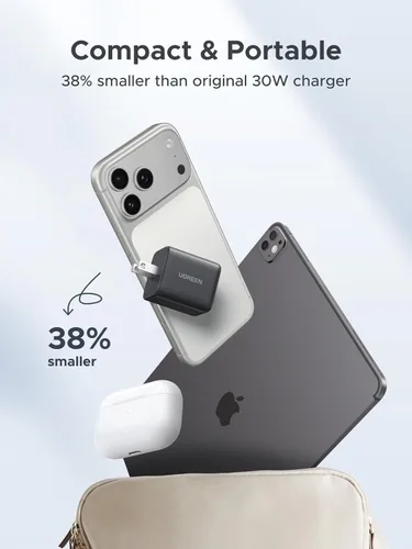 Vista 4 de UGREEN Paquete de 1 cargador de 30 W para iPhone 17 de carga rápida, bloque de cargador GaN de 3 puertos con cable USB-C de 6.6 pies para iPhone