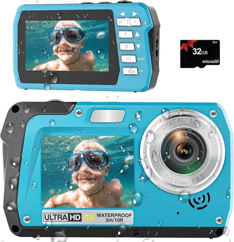 Cámara impermeable 4K30FPS con tarjeta de 32 GB, cámaras submarinas de 56 MP, grabadora de video UHD IPS de doble pantalla (3"/2 pulgadas), selfie,