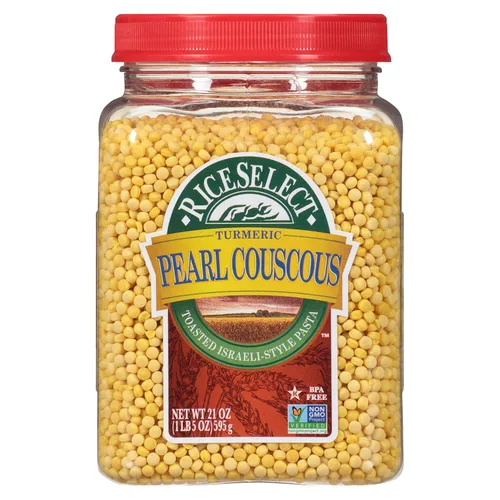 RiceSelect Cuscús Perla con Cúrcuma, Pasta de Cuscús de Trigo Estilo Israelí, Sin GMO, Frasco de 21 onzas, (Paquete de 1)