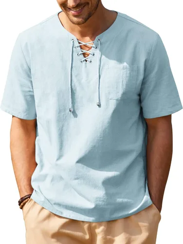 COOFANDY Camiseta casual de lino y algodón para hombre, manga corta, con cordones, estilo hippie, yoga, renacentista, túnica