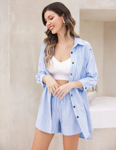 Vista 4 de Zeagoo Conjunto de 2 piezas para mujer, conjunto de ropa de descanso de algodón y lino, camisa alta y baja y pantalones cortos casuales con cordón