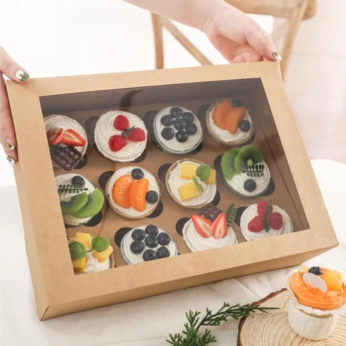 Vista 8 de 12 cajas para cupcakes con ventanas, 6 contenedores de papel kraft para cupcakes con inserto para 72 cupcakes para cumpleaños, vacaciones, fiestas