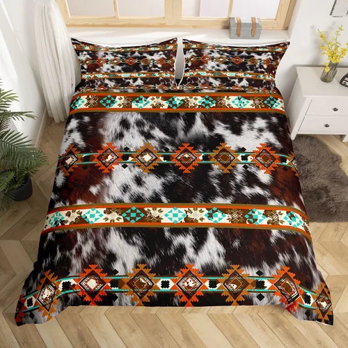Vista 19 de Erosebridal Funda de edredón de piel de vaca marrón con estampado de vaca de las tierras altas, juego de ropa de cama occidental exótico azteca
