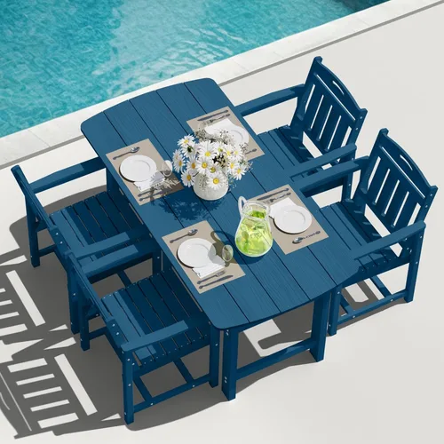 Vista 25 de Mesa de comedor rectangular para exteriores, mesa de polietileno de alta densidad resistente para 6, mesa de patio resistente a la intemperie