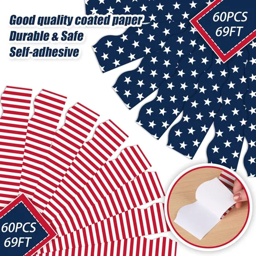 Vista 3 de Whaline 60 hojas de 69 pies, diseño de rayas patrióticas de estrellas y rayas, 2 diseños autoadhesivos de bandera americana, para decoración