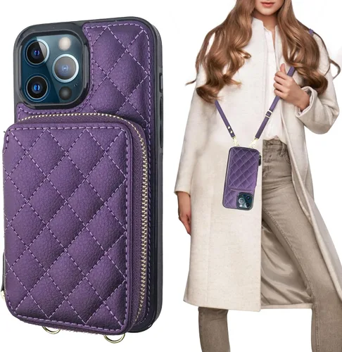 Vista 14 de Bocasal Funda tipo cartera cruzada para iPhone 13 Pro Max, bloqueo RFID de cuero PU con cremallera, bolso cartera con tapa plegable, funda tipo