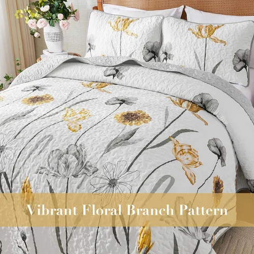Vista 5 de WONGS BEDDING Juego de edredón floral tamaño King, juego de ropa de cama gris y amarillo con 2 fundas de almohada, juego de ropa de cama floral