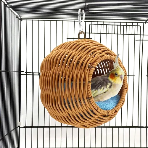 Nido de ratán para pájaros para jaula, casa de anidación de loro colgante, lavable, suave, cálido, cabaña para dormir, jaula de pájaros, accesorios