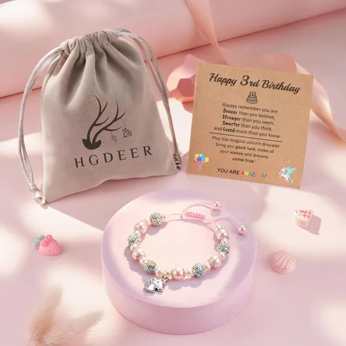 Vista 5 de HGDEER Regalos de cumpleaños de unicornio para niñas, pulsera ajustable de unicornio con perlas rosas para niñas, hija, nieta, sobrina