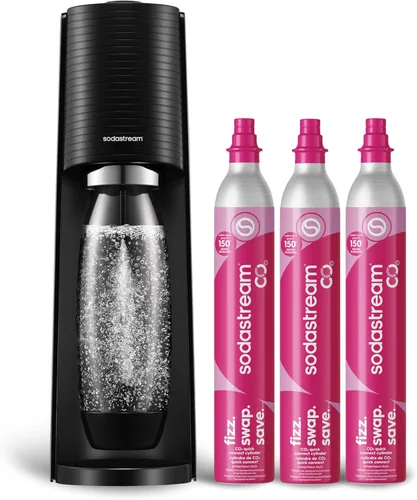 SodaStream Terra - Paquete para hacer agua con gas en color negro, incluye 3 unidades de CO2 y botella de carbonatación
