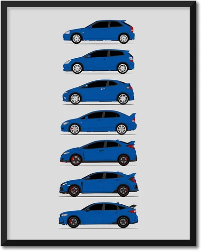 Vista 14 de Custom Car Posters Póster hecho a mano compatible con Honda Civic Type-R Generations e impresión de Civic Type R