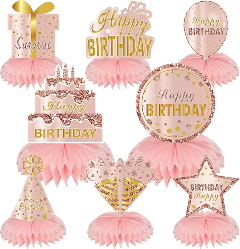 Turypaty Centros de mesa de panal de rosa y oro para cumpleaños de mujeres y niñas, 8 piezas, suministros de fiesta de cumpleaños, decoración de