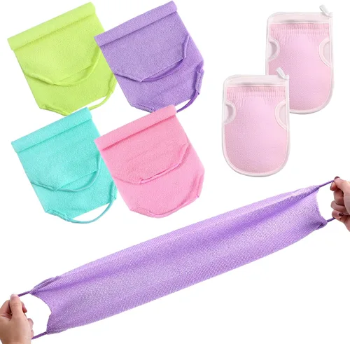 Vista 4 de Juego de 6 piezas de exfoliante para la espalda con asas, limpiador corporal de longitud extendida, 4 limpiadores de espalda y 2 guantes de baño
