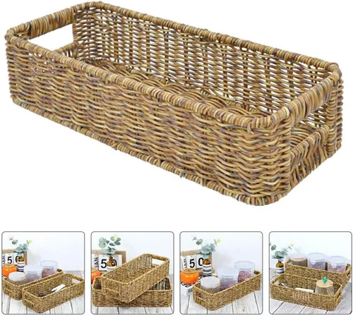 Vista 5 de BESTonZON Cesta de almacenamiento tejida de plástico de ratán para cubiertos de cocina, cesta de cubiertos, organizador de cajones de utensilios