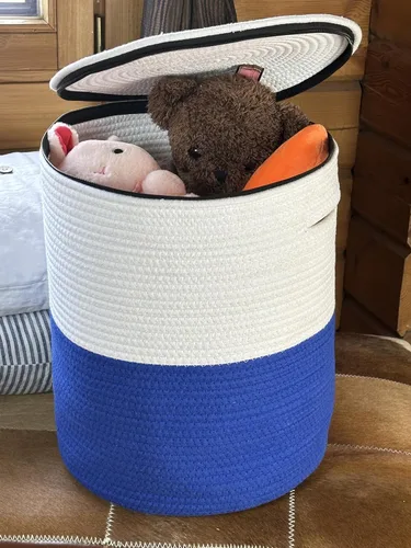 Vista 6 de Cesta de almacenamiento de cuerda de algodón con tapa, organizador tejido duradero con asas, cestas tejidas, cesta de almacenamiento multiusos