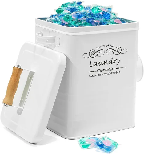 Vista 4 de SSTATES - Juego de organización de lavandería, contenedor de metal para detergente y soporte para hojas de secadora con tapa, contenedor