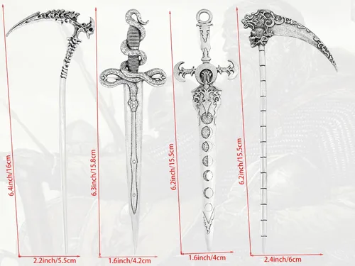 Vista 4 de GuoShuang Accesorios para el cabello para mujer, 4 piezas de palitos para cabello largo con diseño de calavera gótica, luna, serpiente, espada