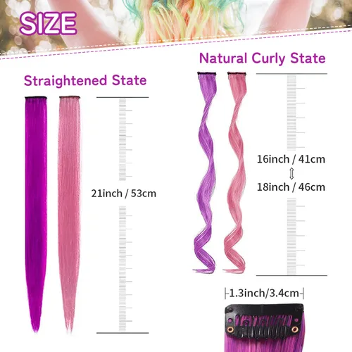Vista 3 de 32 extensiones de cabello con pinza de colores, Beahot de 16-21 pulgadas, extensiones de cabello rizado y ondulado largas de arcoíris, clip