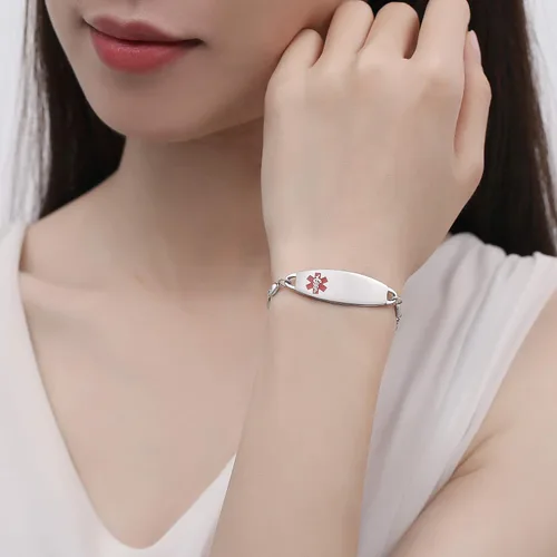 Vista 2 de LinnaLove Medical ID Bracelet for Women, Silver Heart Link, Interchangeable 7.5