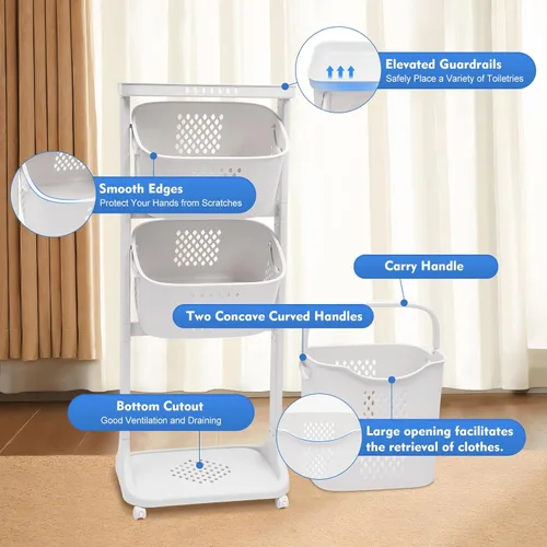 Vista 6 de Cesta de lavandería para baño, cesta de almacenamiento de ropa de 3 capas, estante de cocina para el hogar, soporte de frutas, estante