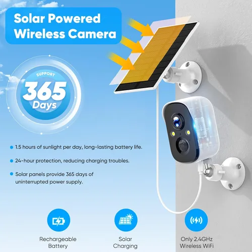 Vista 2 de Cámaras de seguridad solares inalámbricas para exteriores, cámara solar 2K inalámbrica para el hogar, visión nocturna a color, detección