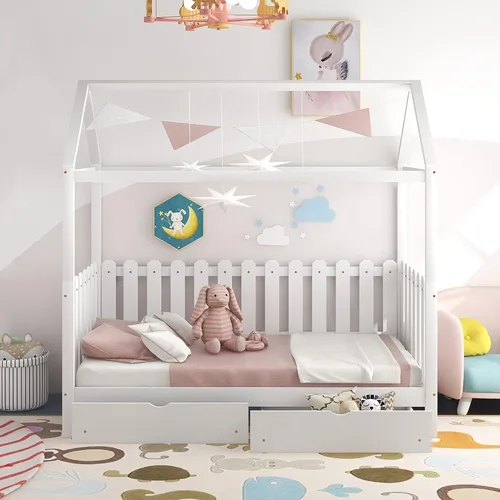 Vista 5 de Cama de madera maciza tamaño individual con techo, nido, 3 cajones de almacenamiento, sofá cama de plataforma para muebles de dormitorio, sala
