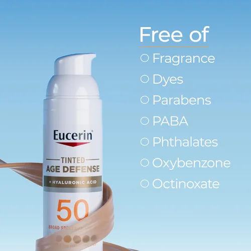 Vista 6 de Eucerin Sun Tinted Age Defense - Loción de protección solar facial SPF 50 con ácido hialurónico, protector solar tintado para cara, tinte mezclable