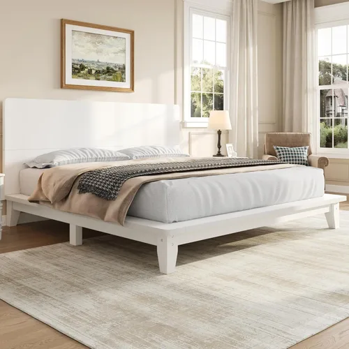 Vista 11 de JIVOIT Base de cama de plataforma de tamaño matrimonial con cabecero, cama de plataforma de madera estilo retro con patas de madera maciza Negro
