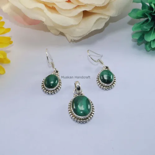 Vista 3 de Malachite Oval Gemstone Earrings Pendant Set, Solid 925 Sterling Silver Jewelry Set for Women, Handmade Dangle Drop Earring And Pendant Bridesmaid