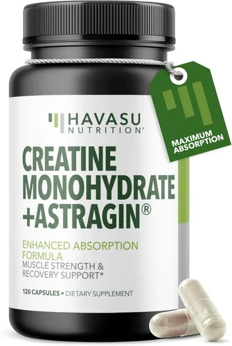 Cápsulas de monohidrato de creatina micronizada con AstraGin - Apoya la fuerza muscular, la energía y la recuperación - 120 unidades - Fórmula de