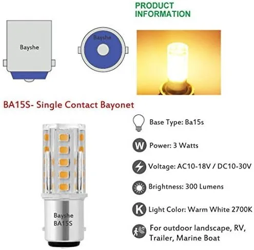 Vista 8 de 12V BA15S S8 SC Bayoneta Base de un solo contacto 1156 1141 3W Bombilla LED 2700K blanco cálido, AC/DC 12V cubierta de camino de paisaje RV cámper