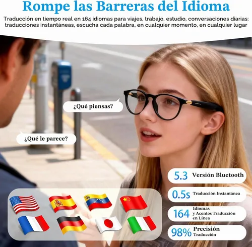 Vista 2 de Lentes inteligentes AI con GPT de chat, gafas Bluetooth con traductor de 164 idiomas, asistente de IA y asistente de reuniones, reproducción