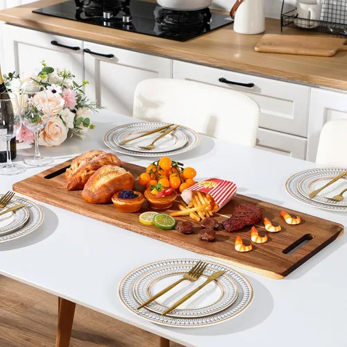 Vista 3 de Bokon 2 tablas de madera de acacia para charcutería con asa, bandeja de madera rectangular con mango hueco, bandeja de madera para servir queso
