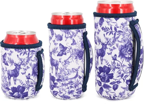 Vista 30 de 3 Pack de fundas aisladas reutilizables de neopreno con asa para soda, bebida energética, refresco, cerveza, seltzer duro, fundas para latas de 12