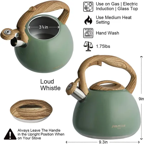 Vista 14 de POLIVIAR Hervidor de té, 2.7 cuartos de galón con acabado azul y mango de madera con silbato fuerte, tetera de acero inoxidable de grado