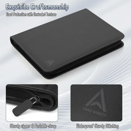 Vista 3 de Arkeiliy Carpeta de tarjetas con 9 bolsillos, bolsillos de doble cara con 30 fundas, soporte para tarjetas coleccionables con cremallera de alta