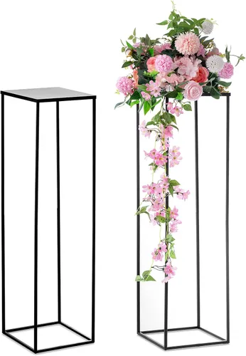 Vista 8 de Nuptio Jarrón de metal negro, 2 piezas de 15.7 pulgadas de alto, jarrones cilíndricos y cuadrados para centros de mesa, decoraciones para el hogar
