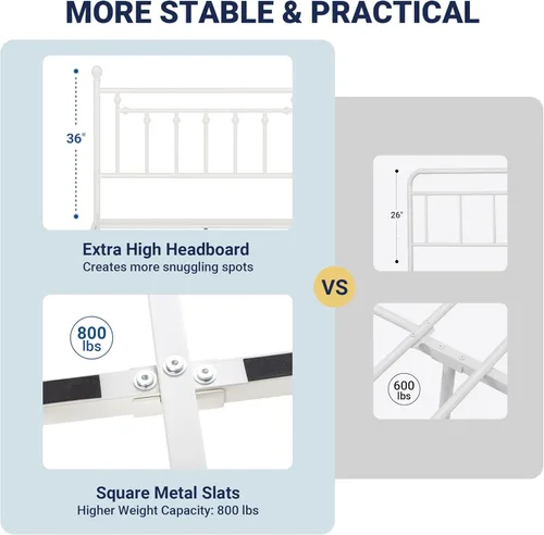 Vista 4 de Allewie Armazón de Cama de Plataforma de Metal de 14 Pulgadas Tamaño Queen con Cabecera y Pie de Cama Vintage Victoriano/Base