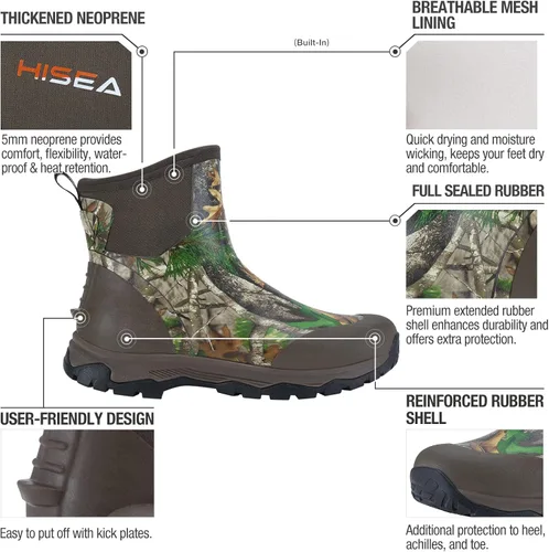 Vista 3 de HISEA Excursion Pro - Botas de lluvia de goma para hombre, hasta el tobillo, impermeables, aisladas, de neopreno, antideslizantes, para exteriores