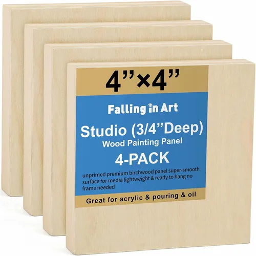 Falling in Art Kit de paneles de madera de abedul sin terminar para pintura, lienzo de madera, paquete de 4 unidades de 4 x 4 pulgadas de estudio,