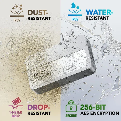 Vista 7 de Lexar SSD portátil profesional Go de 2 TB con concentrador, compatible con Apple 4K 60fps ProRes, hasta 1050 MB/s, USB 3.2, resistente, IP65