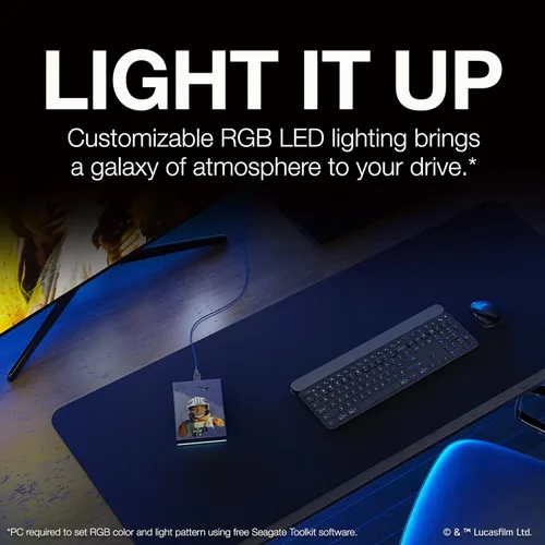 Vista 5 de Seagate Luke Skywalker SE FireCuda - Disco duro externo de 2 TB - USB 32 iluminación LED RGB personalizable azul funciona con PC Mac Playstation