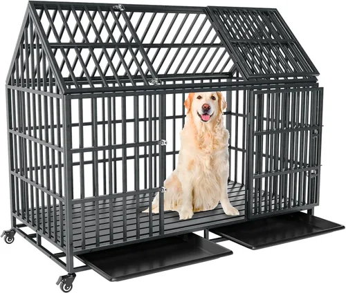 Vista 8 de Jaula para Perros de Servicio Pesado de 52 Pulgadas Extra Grande Jaula Perrera para Perros, Jaula para Perros XXL Indestructible con Techo Abierto